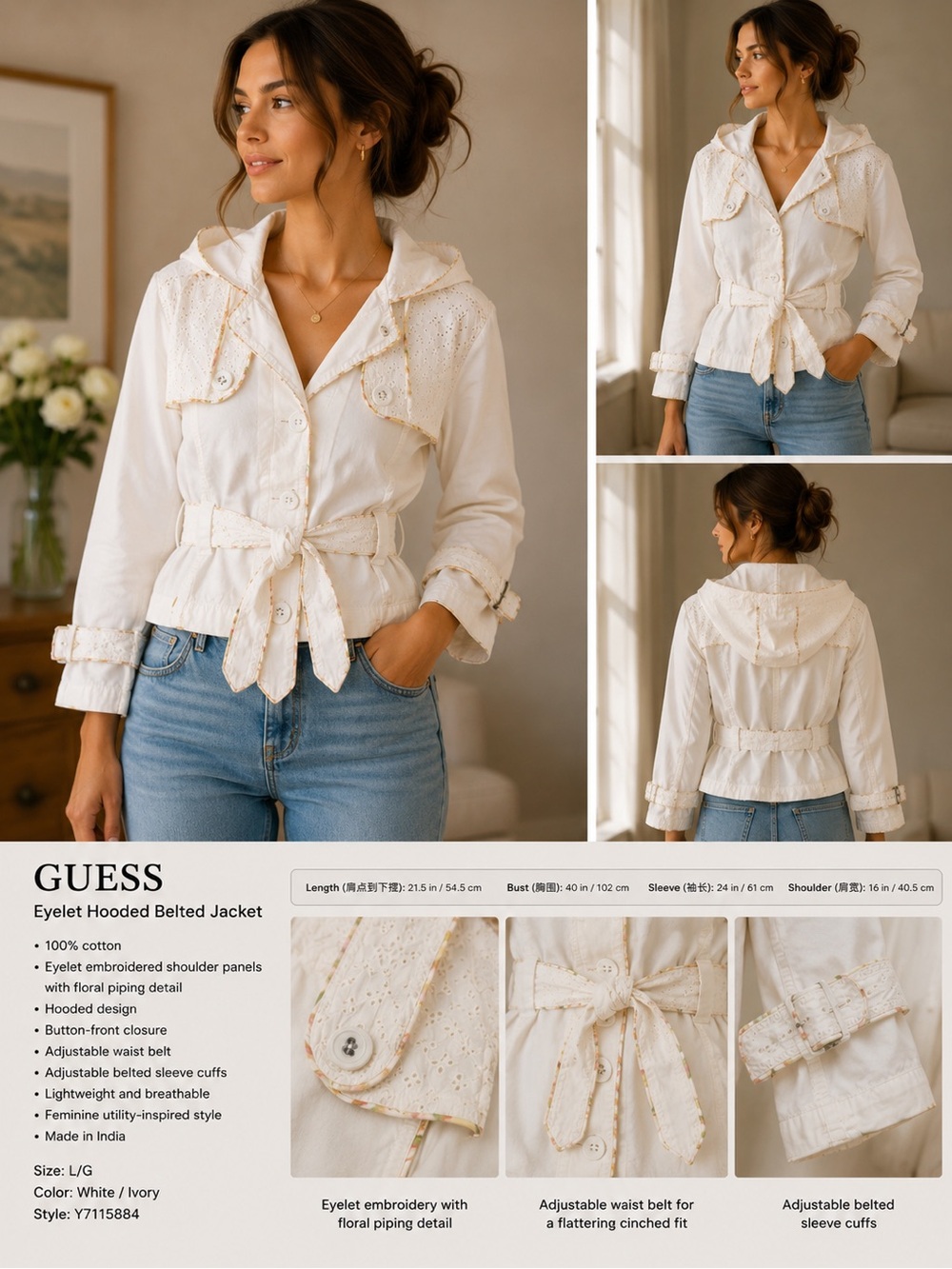 GUESS Y2K White Cotton Eyelet Hooded Belted Jacket L